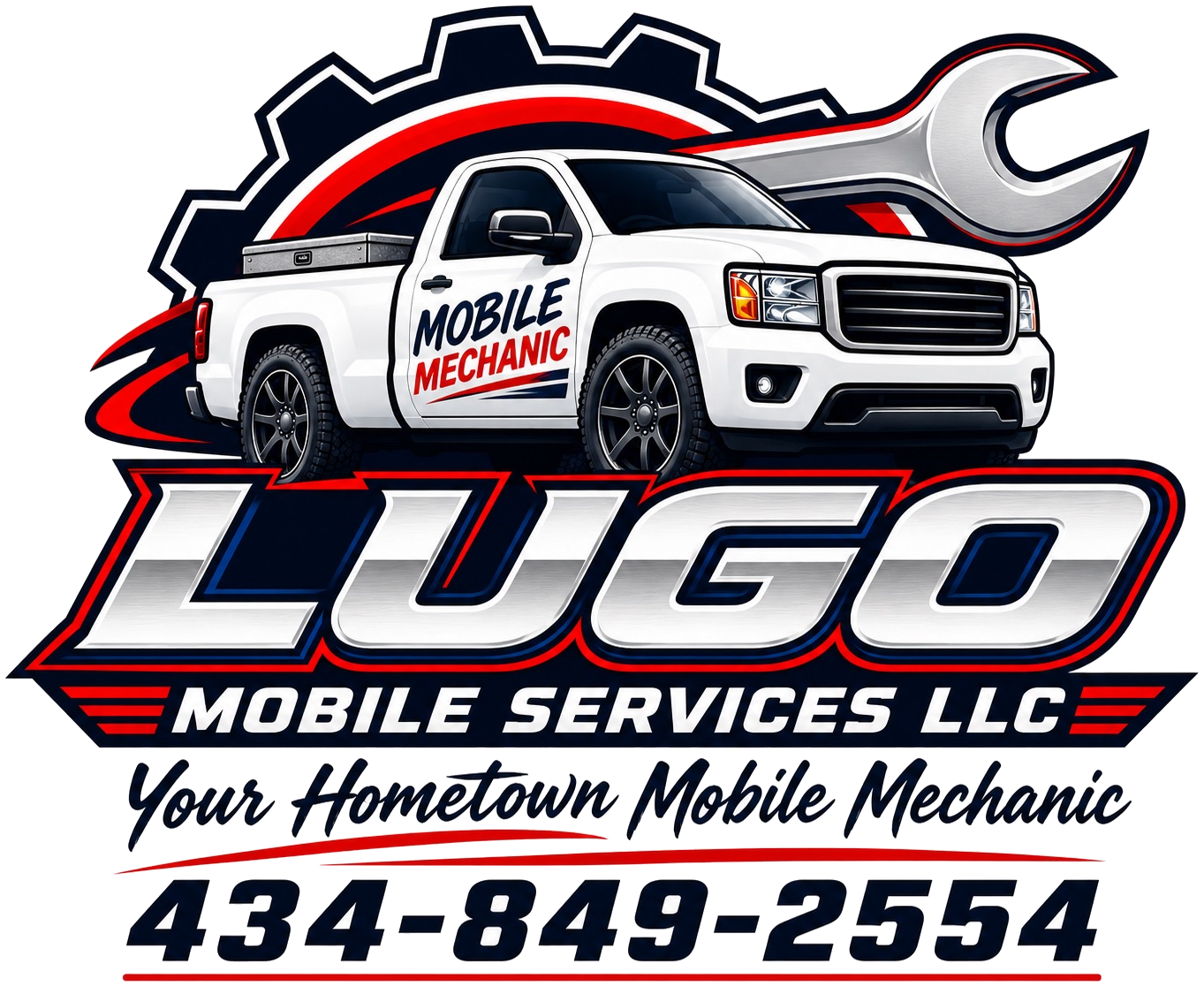 Lugo Mobile Services LLC badge: white service pickup, gear and wrench, LUGO wordmark, Your Hometown Mobile Mechanic, 434-849-2554
